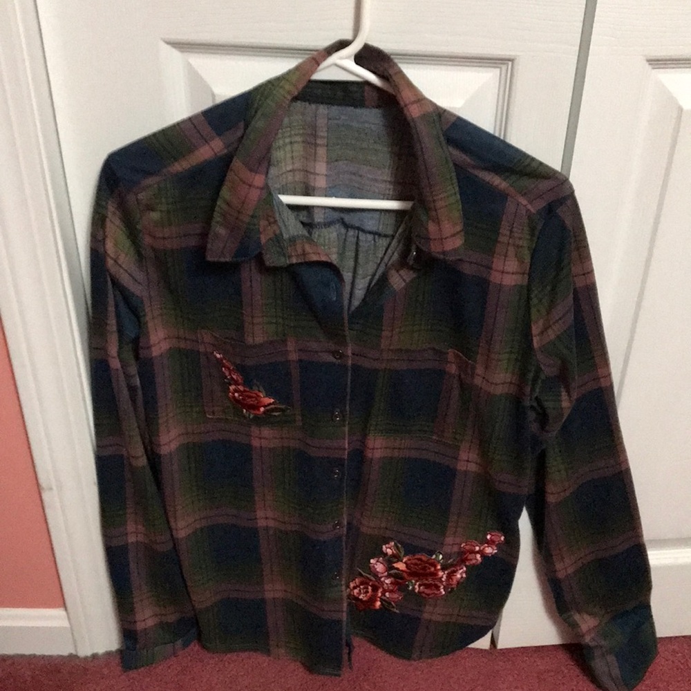Plaid Flannel Shirt with Red Roses Accents
